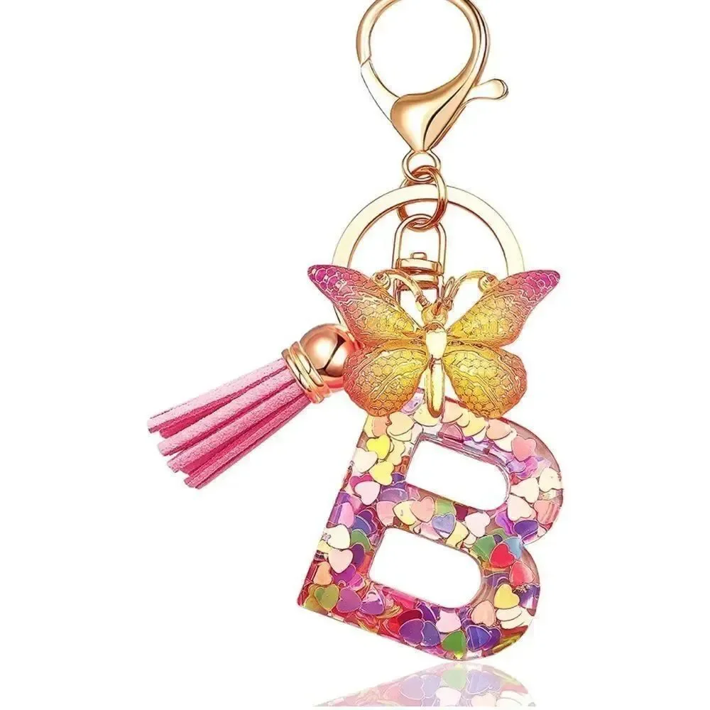 Pink Initials Heart Tassel Keychain